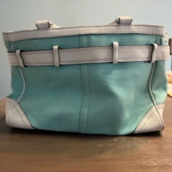 Coach Turquoise and White Stachel Tote Handbag - Picture 5 of 8